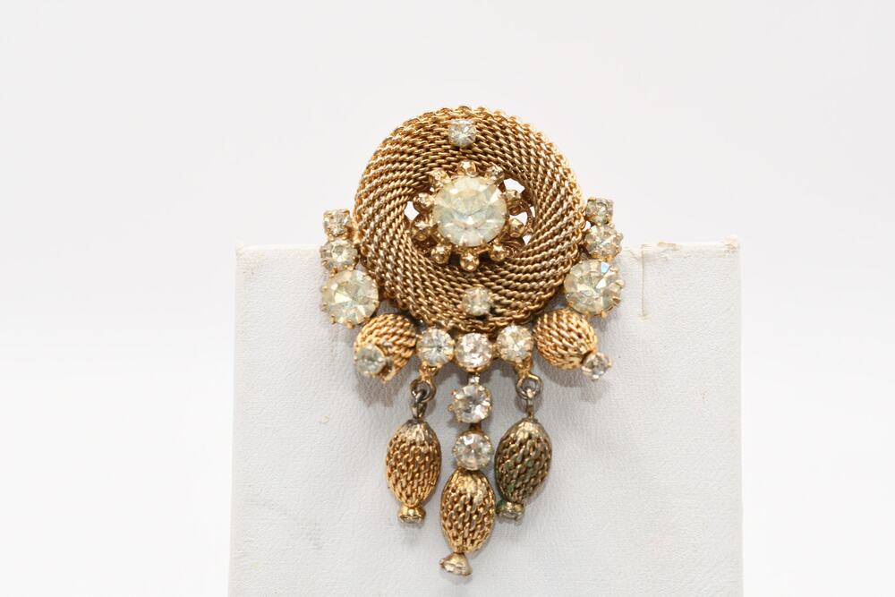 Vintage St Labre Mesh Dangle Brooch Rhinestone Gold Tone 1960s